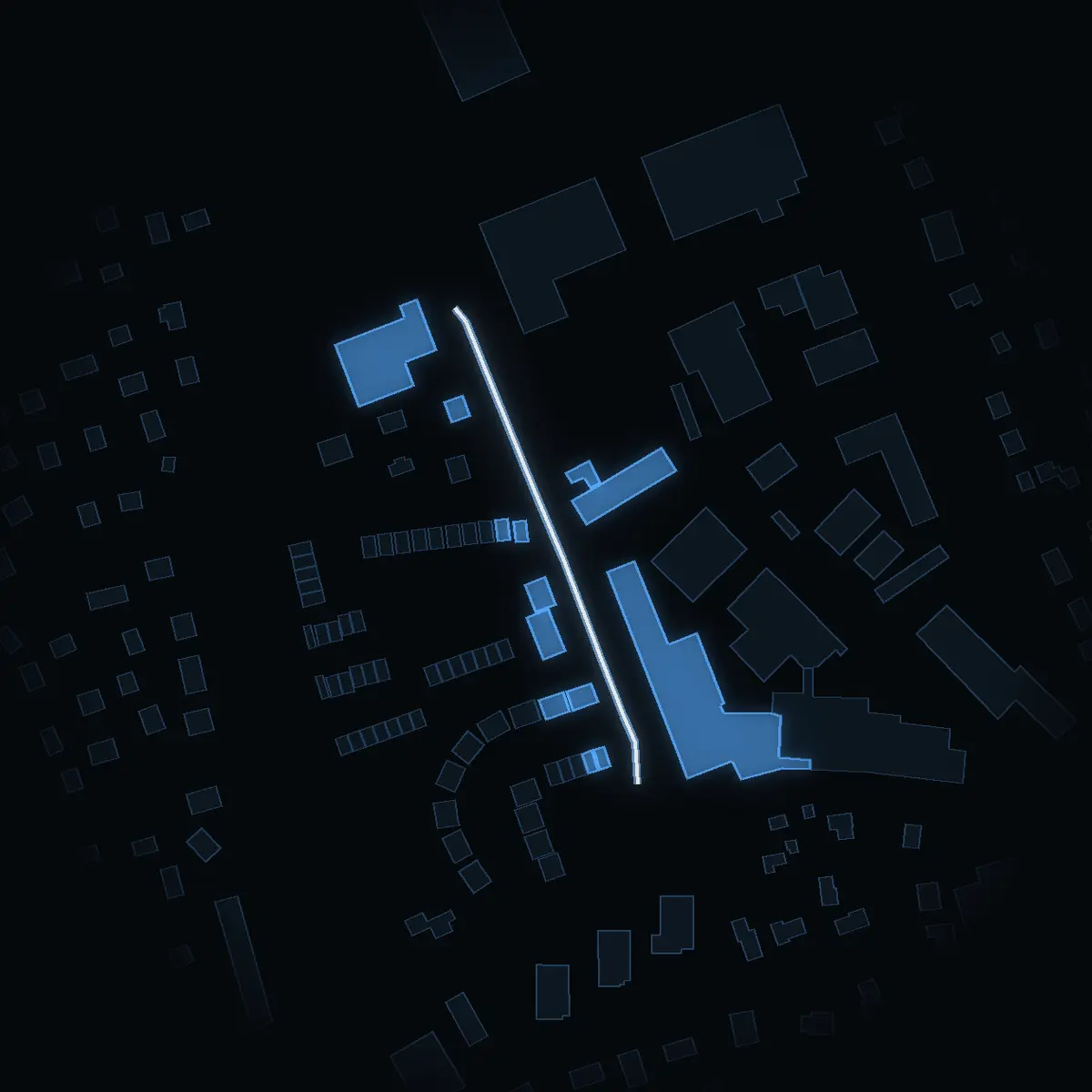The street at night: Ekhagsvägen drawn in white, its buildings lit in the colour of their area’s income