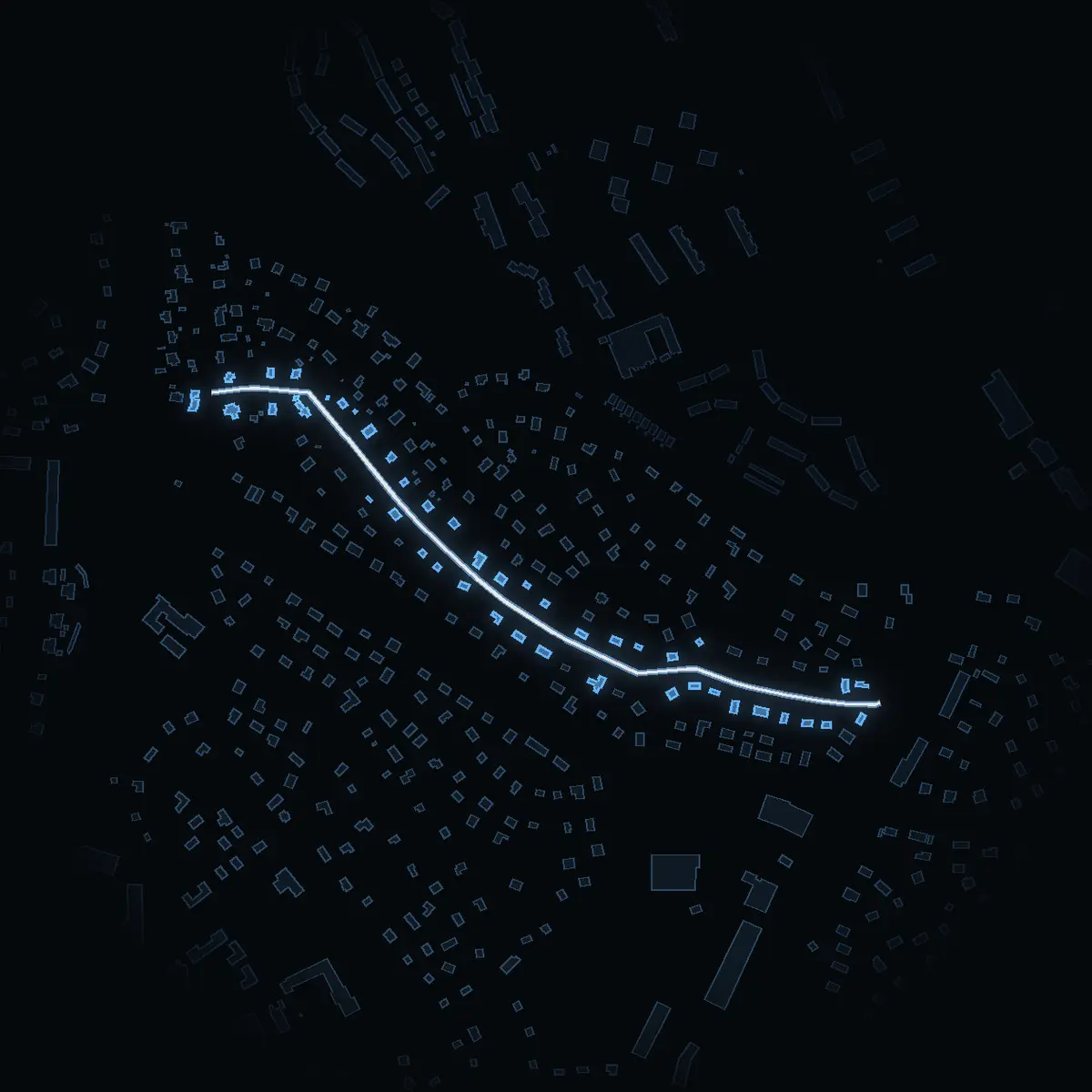 The street at night: Fågelvägen drawn in white, its buildings lit in the colour of their area’s income