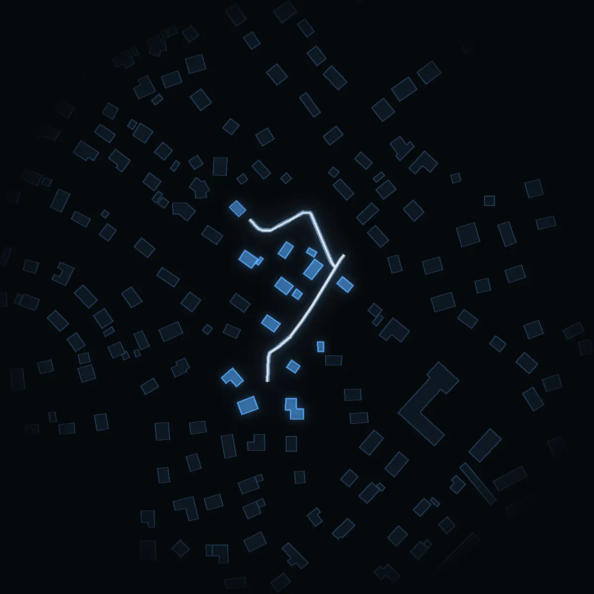 The street at night: Falkvägen drawn in white, its buildings lit in the colour of their area’s income