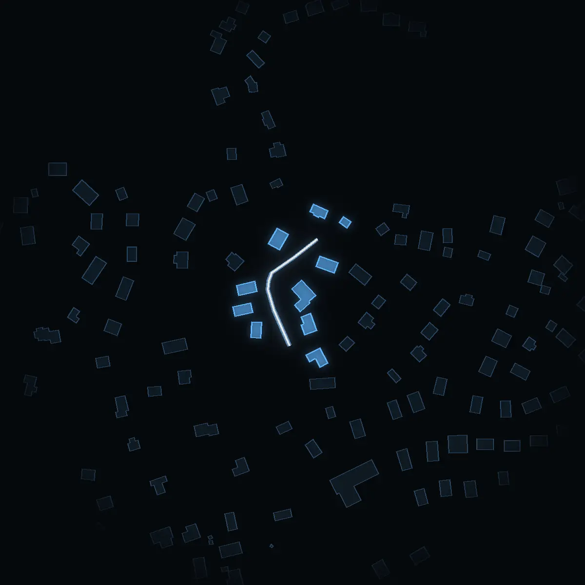 The street at night: Färgstigen drawn in white, its buildings lit in the colour of their area’s income