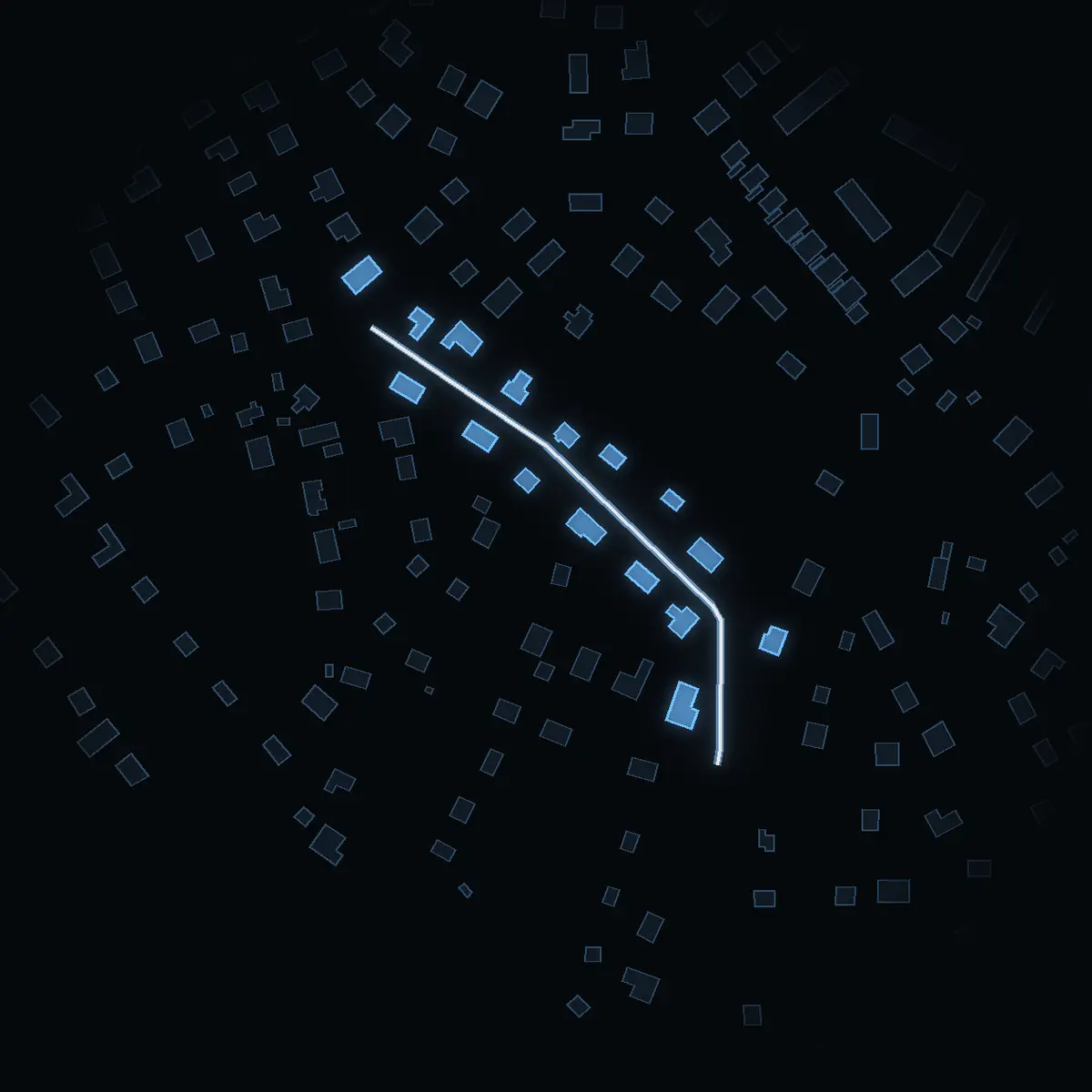 The street at night: Farvägen drawn in white, its buildings lit in the colour of their area’s income