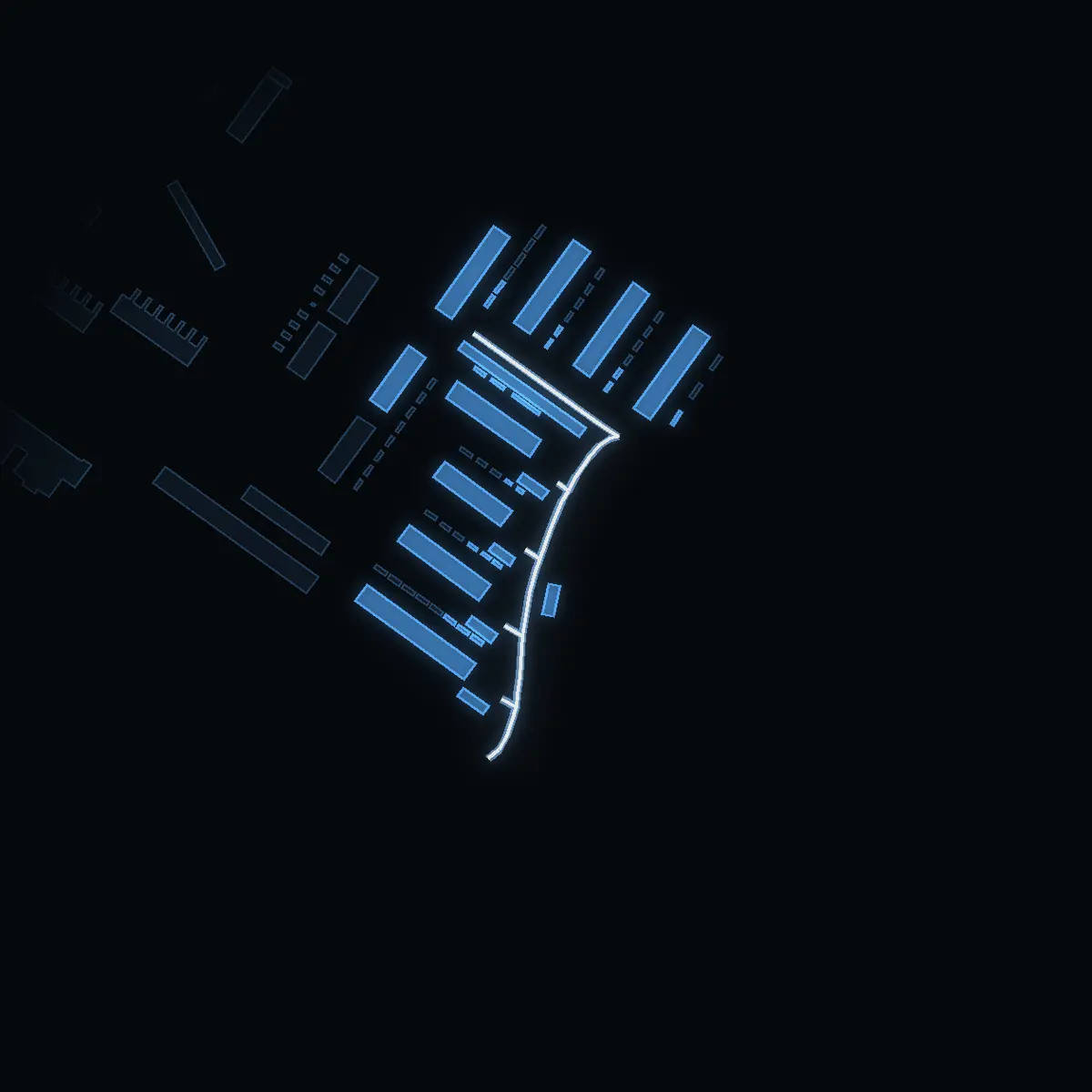 The street at night: Flintvägen drawn in white, its buildings lit in the colour of their area’s income