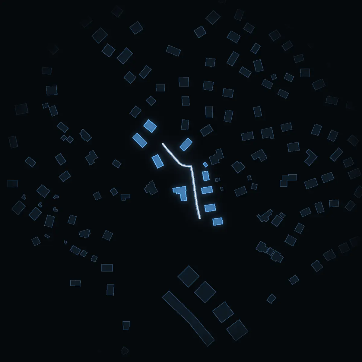 The street at night: Fornstavägen drawn in white, its buildings lit in the colour of their area’s income