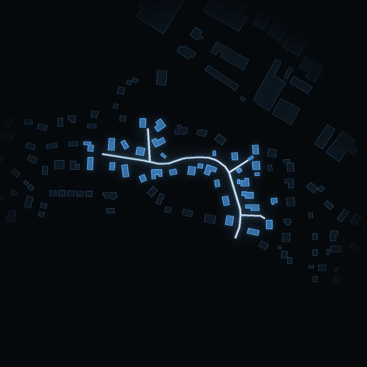 The street at night: Frimans väg drawn in white, its buildings lit in the colour of their area’s income