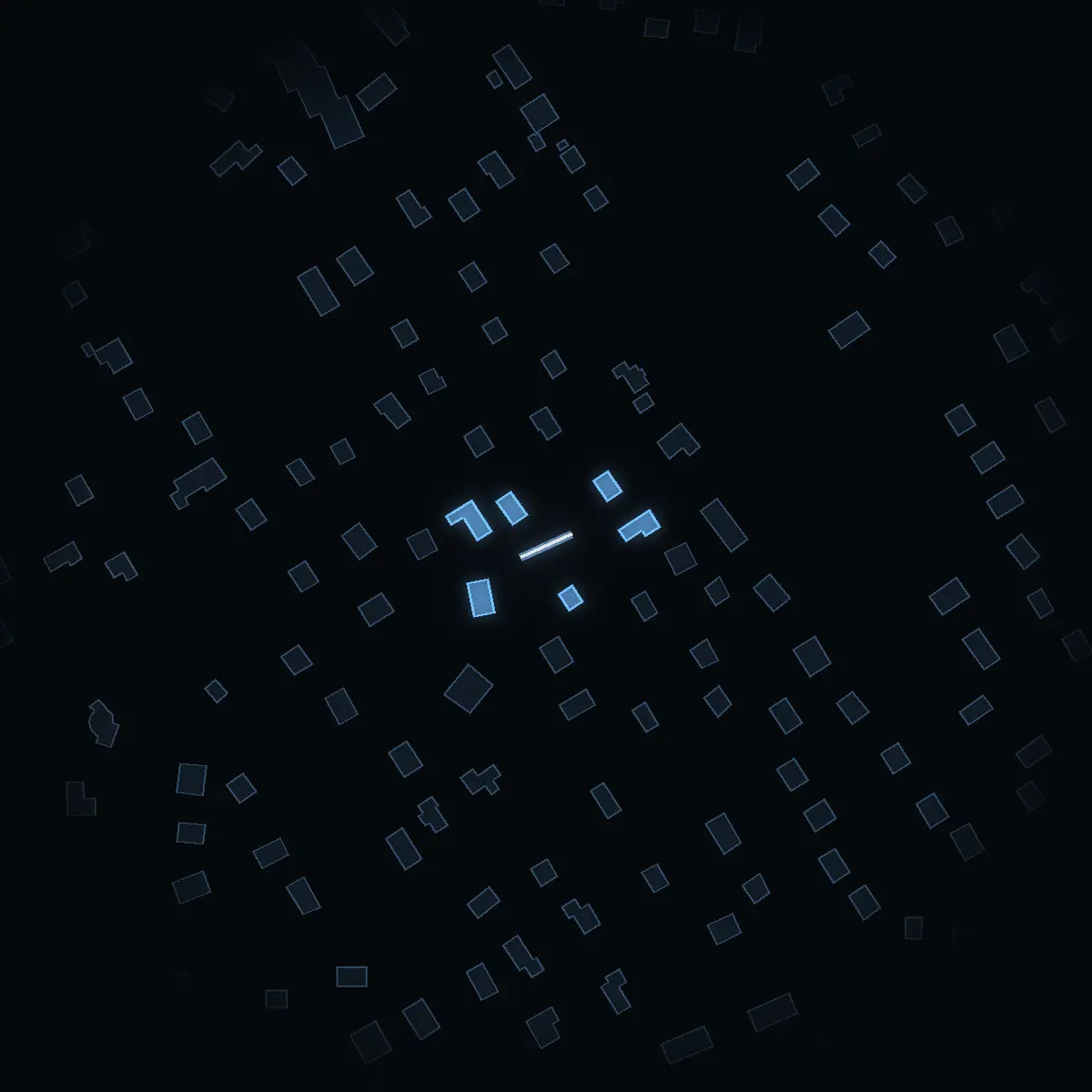The street at night: Glimmerstigen drawn in white, its buildings lit in the colour of their area’s income