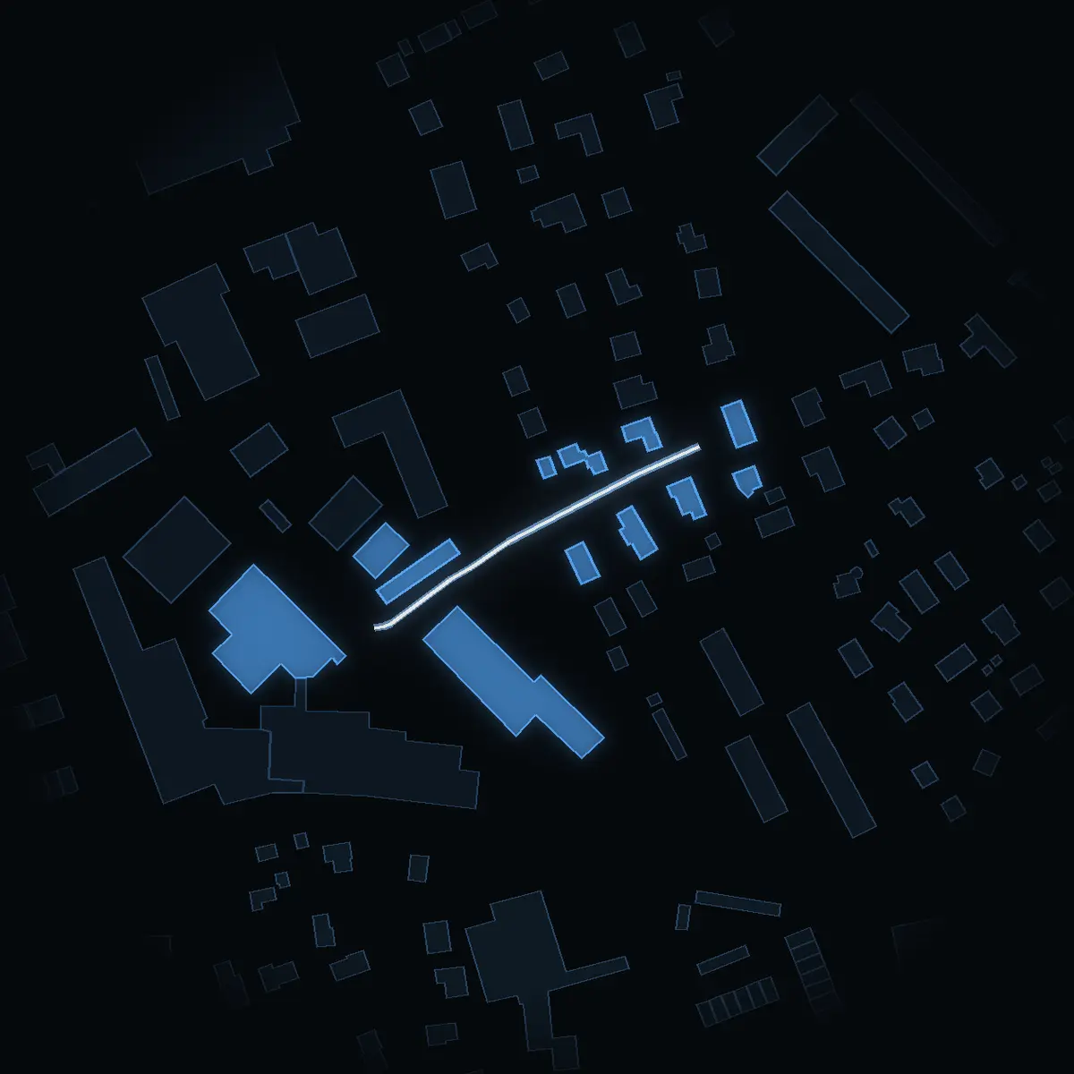 The street at night: Grenvägen drawn in white, its buildings lit in the colour of their area’s income
