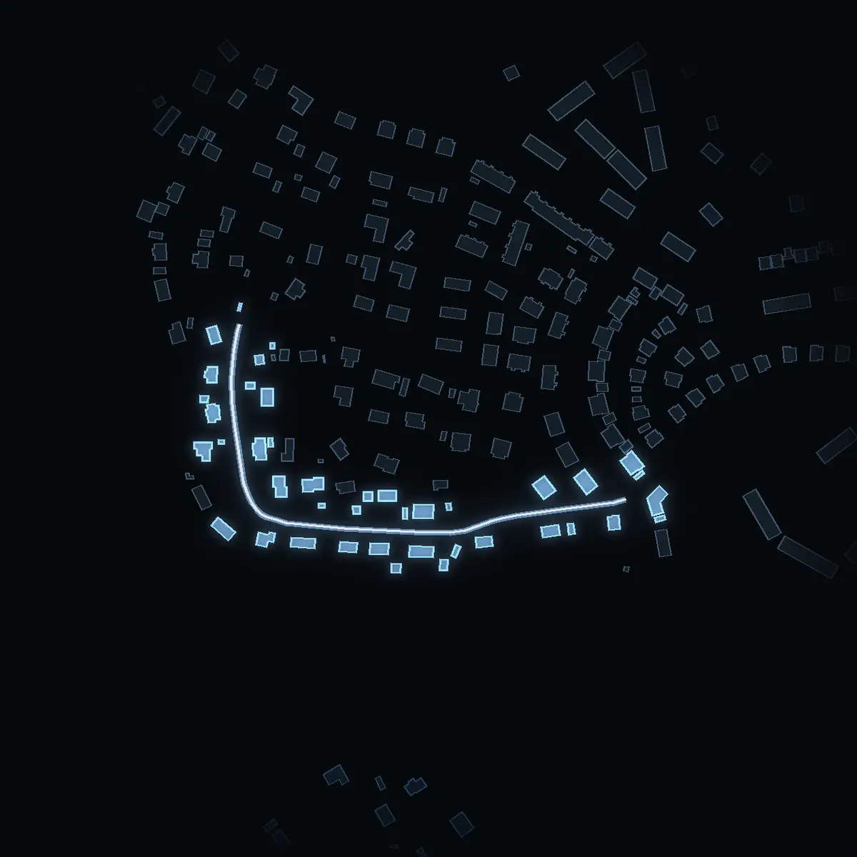 The street at night: Hagebyslingan drawn in white, its buildings lit in the colour of their area’s income