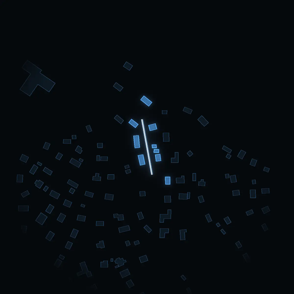 The street at night: Hambovägen drawn in white, its buildings lit in the colour of their area’s income