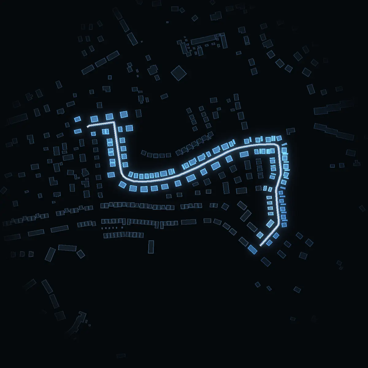 The street at night: Hortensiavägen drawn in white, its buildings lit in the colour of their area’s income