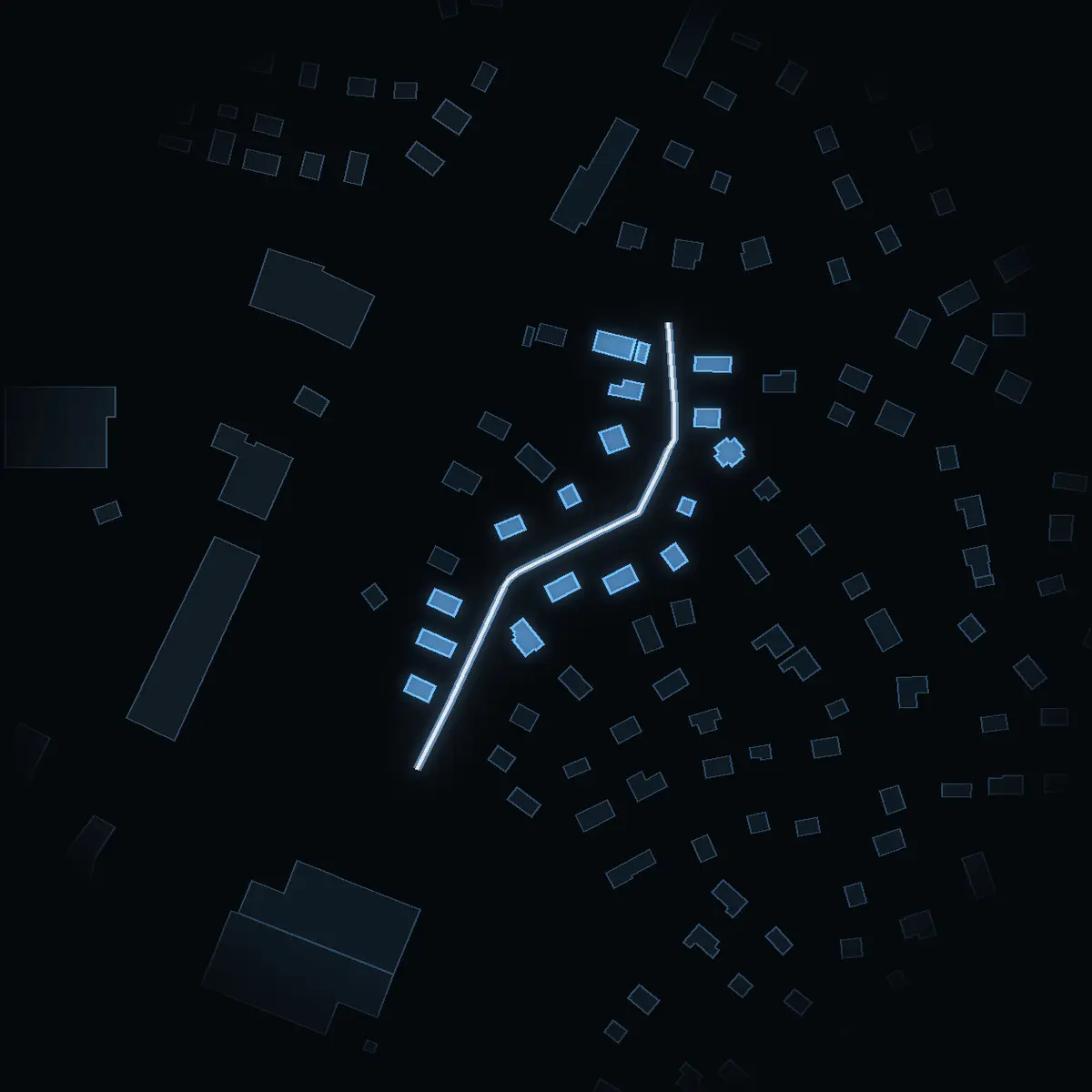 The street at night: Jägarstigen drawn in white, its buildings lit in the colour of their area’s income