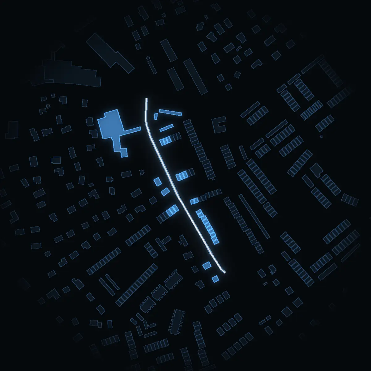 The street at night: Jakobslundsvägen drawn in white, its buildings lit in the colour of their area’s income