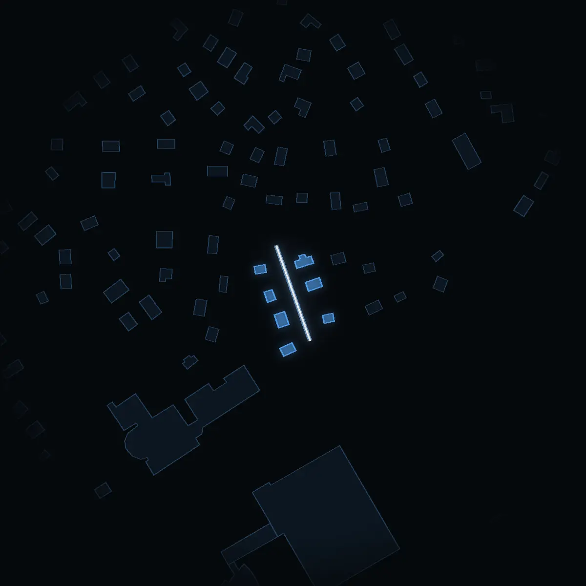 The street at night: Kometvägen drawn in white, its buildings lit in the colour of their area’s income