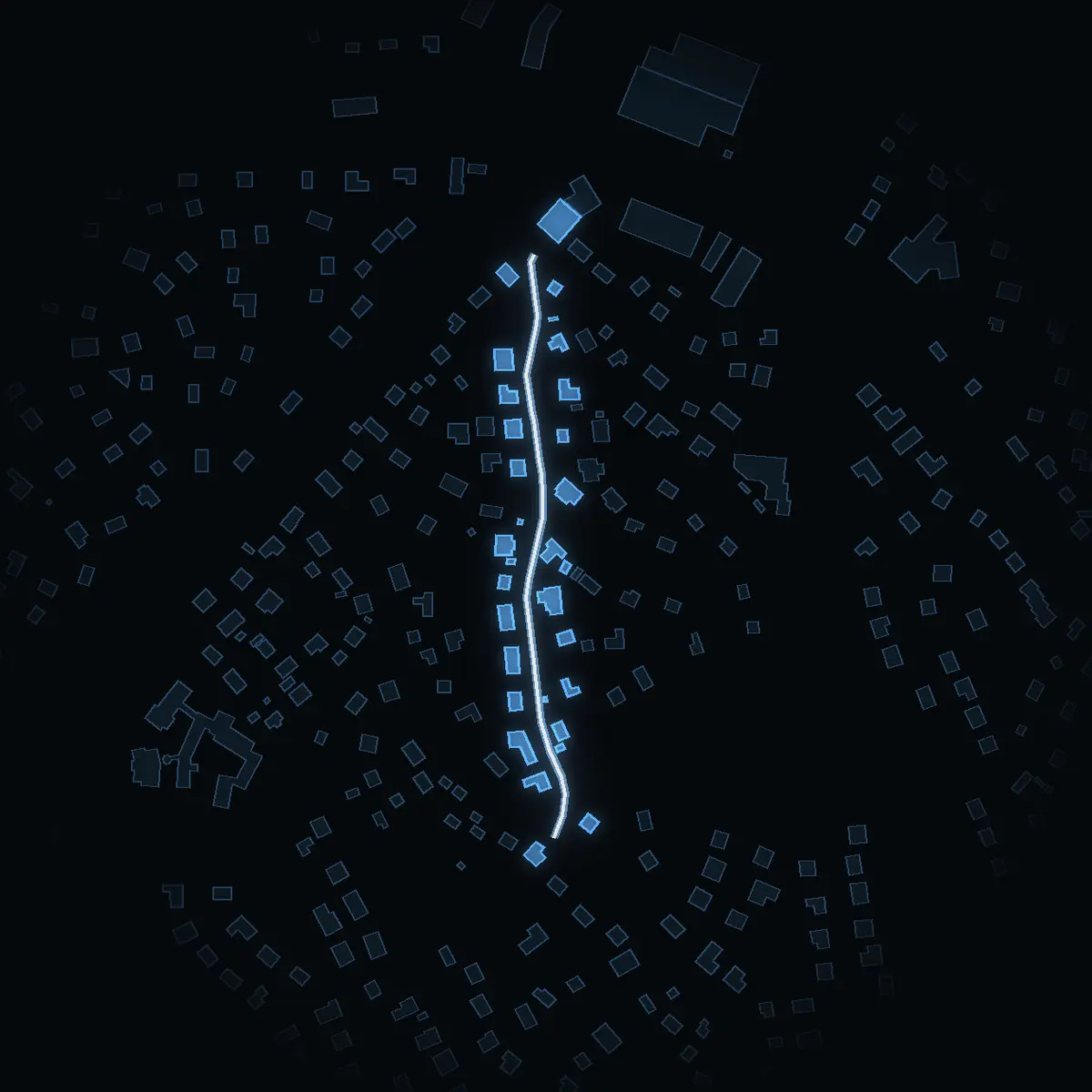 The street at night: Könitzvägen drawn in white, its buildings lit in the colour of their area’s income