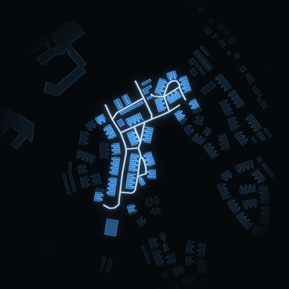 The street at night: Kvintettvägen drawn in white, its buildings lit in the colour of their area’s income