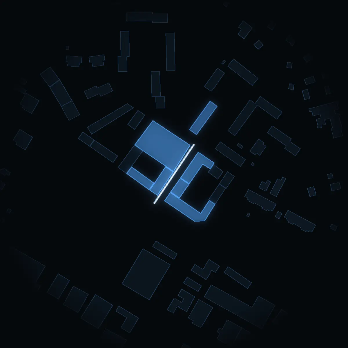 The street at night: Lackerargränd drawn in white, its buildings lit in the colour of their area’s income
