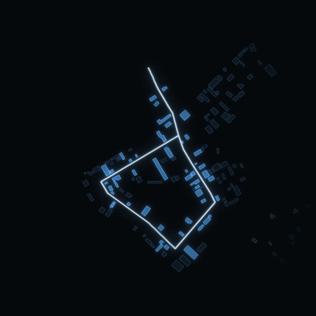 The street at night: Lagervägen drawn in white, its buildings lit in the colour of their area’s income