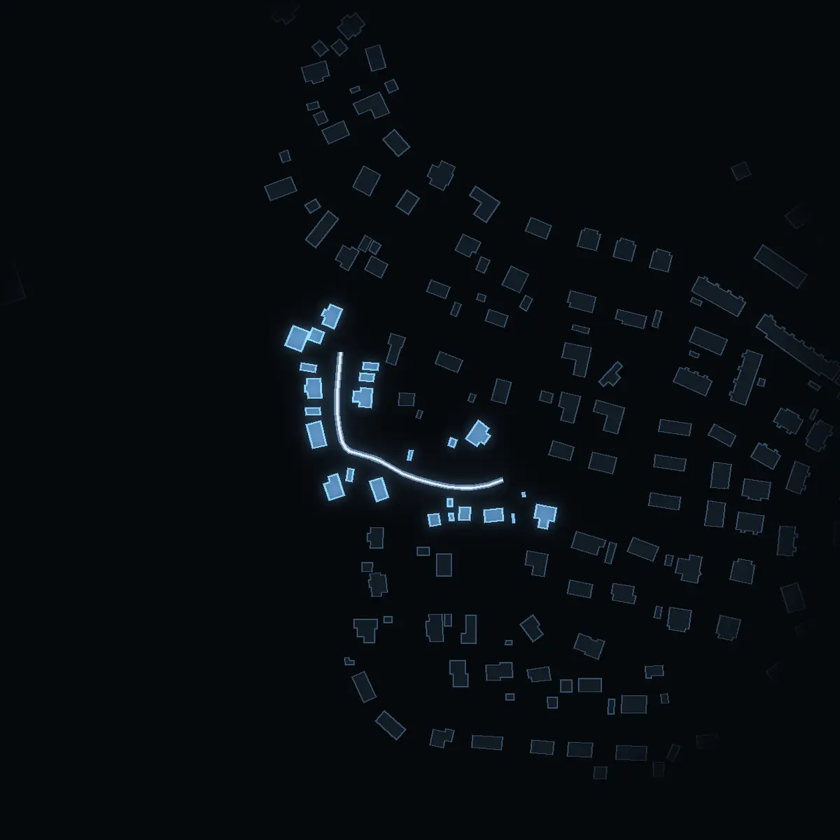 The street at night: Lilla Hagebyvägen drawn in white, its buildings lit in the colour of their area’s income