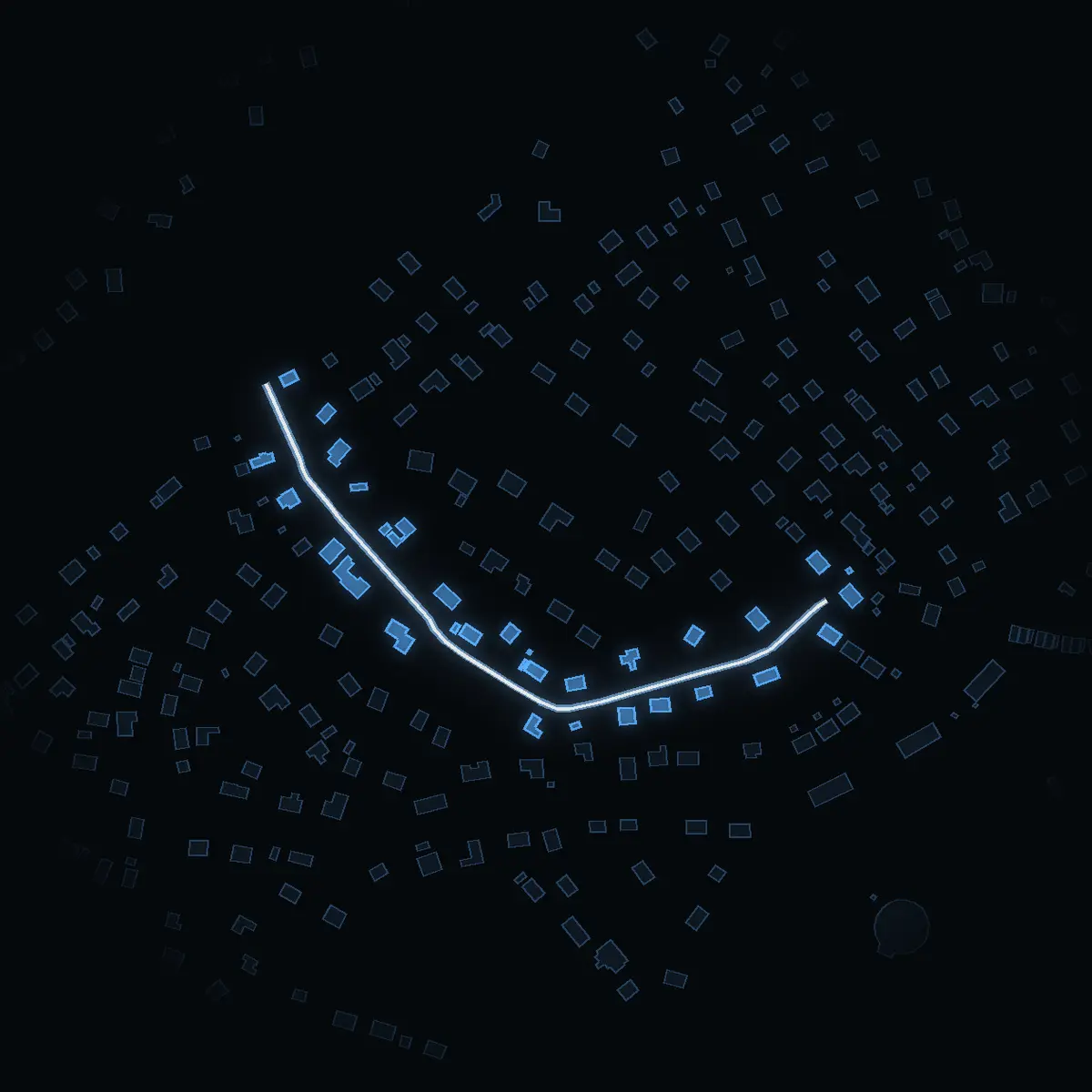 The street at night: Lilla Solgårdsvägen drawn in white, its buildings lit in the colour of their area’s income