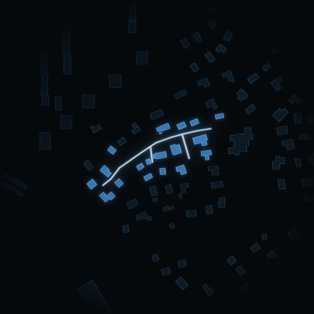The street at night: Lilla vägen drawn in white, its buildings lit in the colour of their area’s income