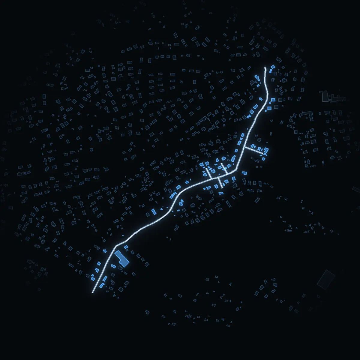 The street at night: Lillerudsvägen drawn in white, its buildings lit in the colour of their area’s income