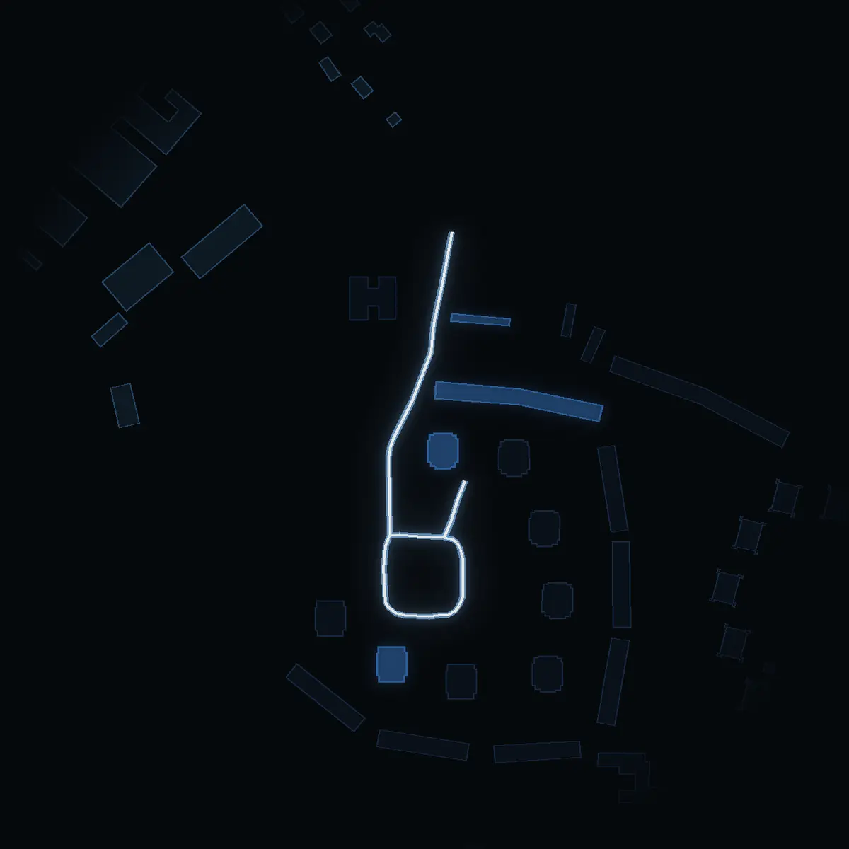 The street at night: Loftvägen drawn in white, its buildings lit in the colour of their area’s income