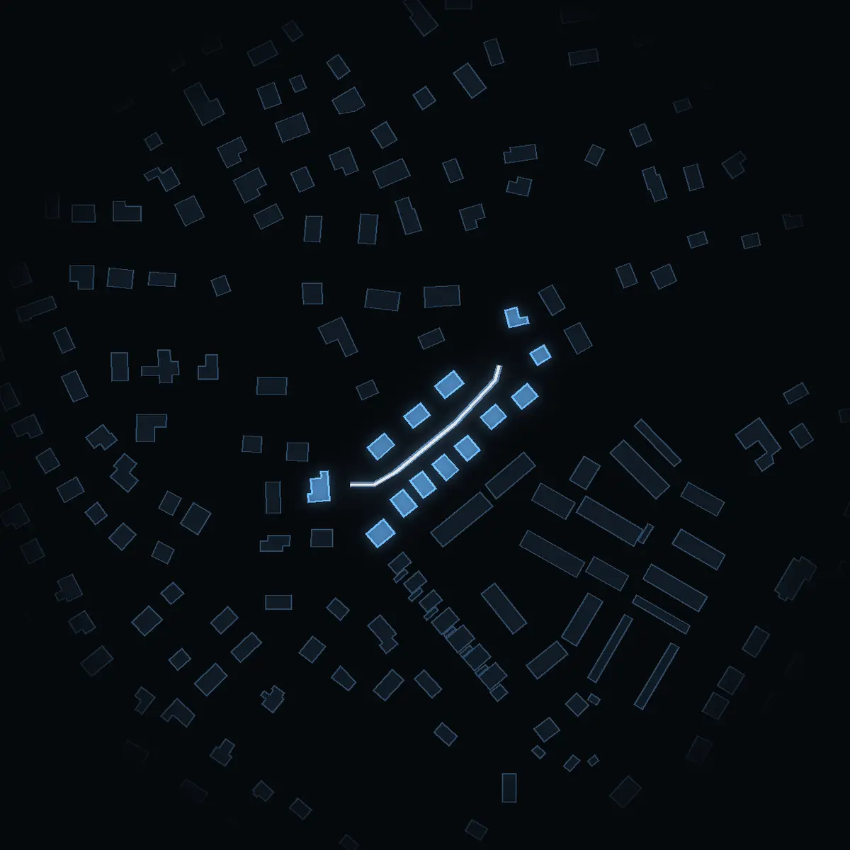 The street at night: Mäklarstigen drawn in white, its buildings lit in the colour of their area’s income