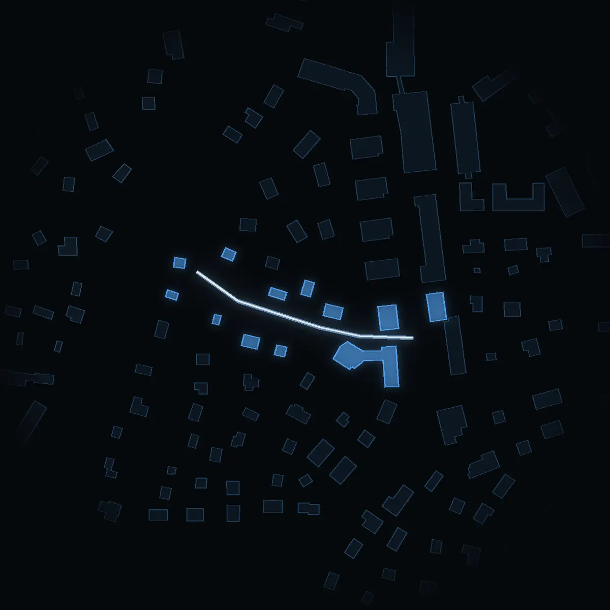 The street at night: Mellanskogsvägen drawn in white, its buildings lit in the colour of their area’s income