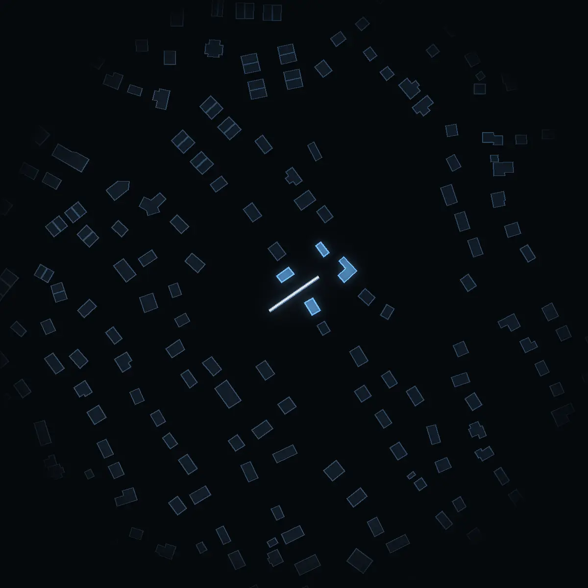 The street at night: Milstigen drawn in white, its buildings lit in the colour of their area’s income