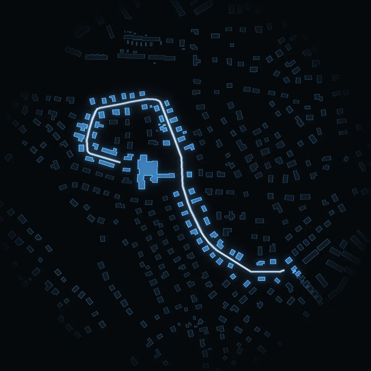The street at night: Norrbyvägen drawn in white, its buildings lit in the colour of their area’s income
