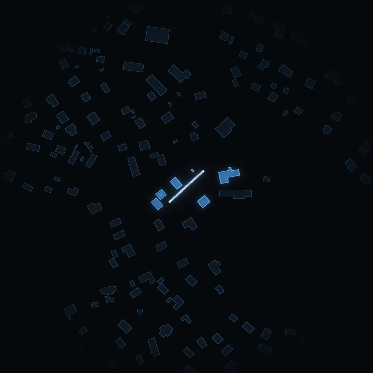 The street at night: Nyängsvägen drawn in white, its buildings lit in the colour of their area’s income