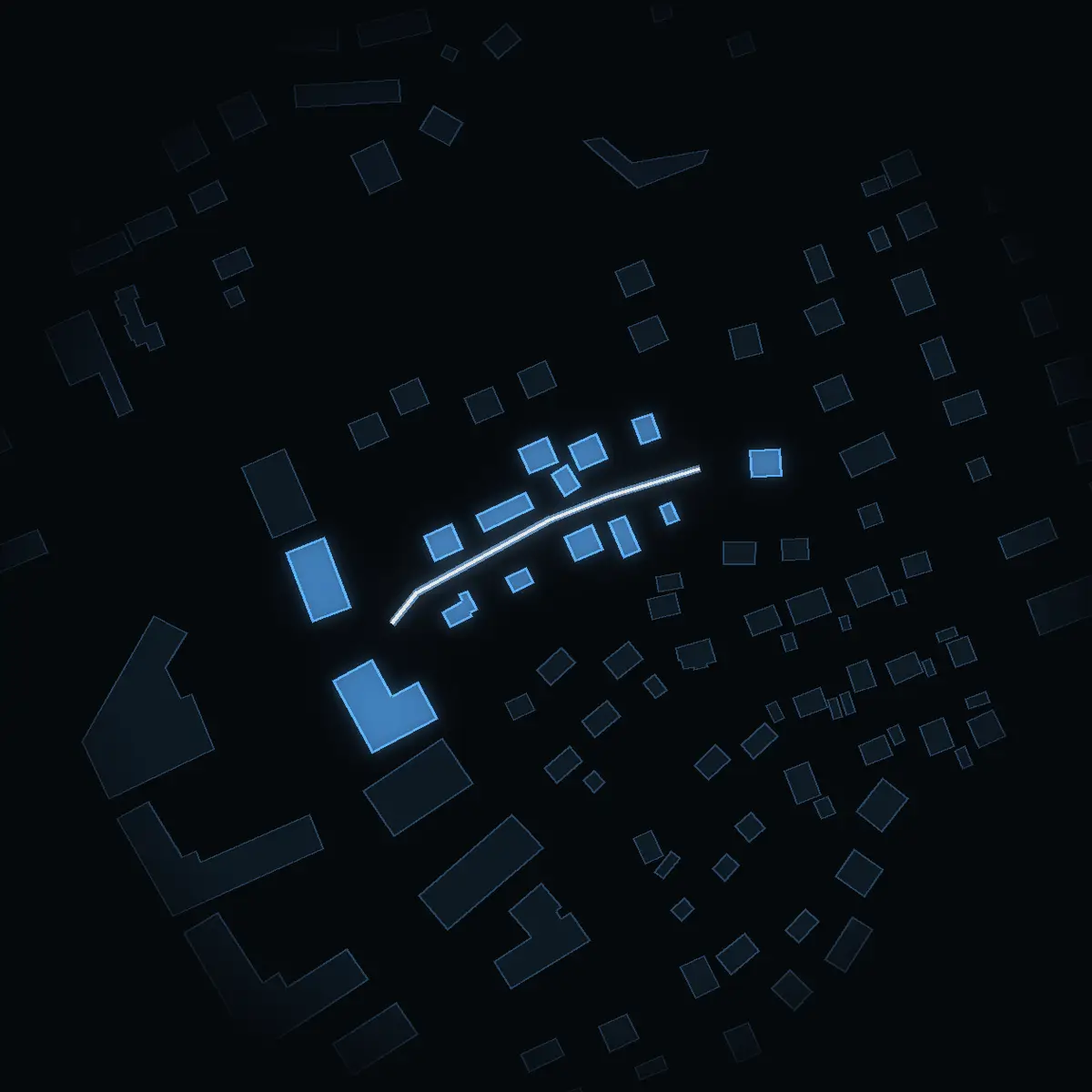 The street at night: Offervägen drawn in white, its buildings lit in the colour of their area’s income
