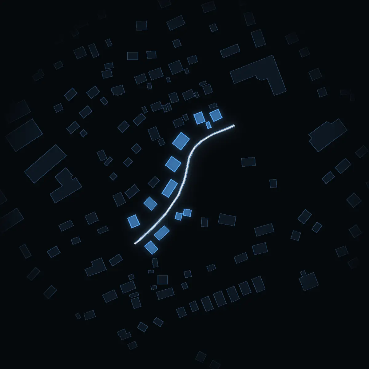 The street at night: Oliweblads väg drawn in white, its buildings lit in the colour of their area’s income
