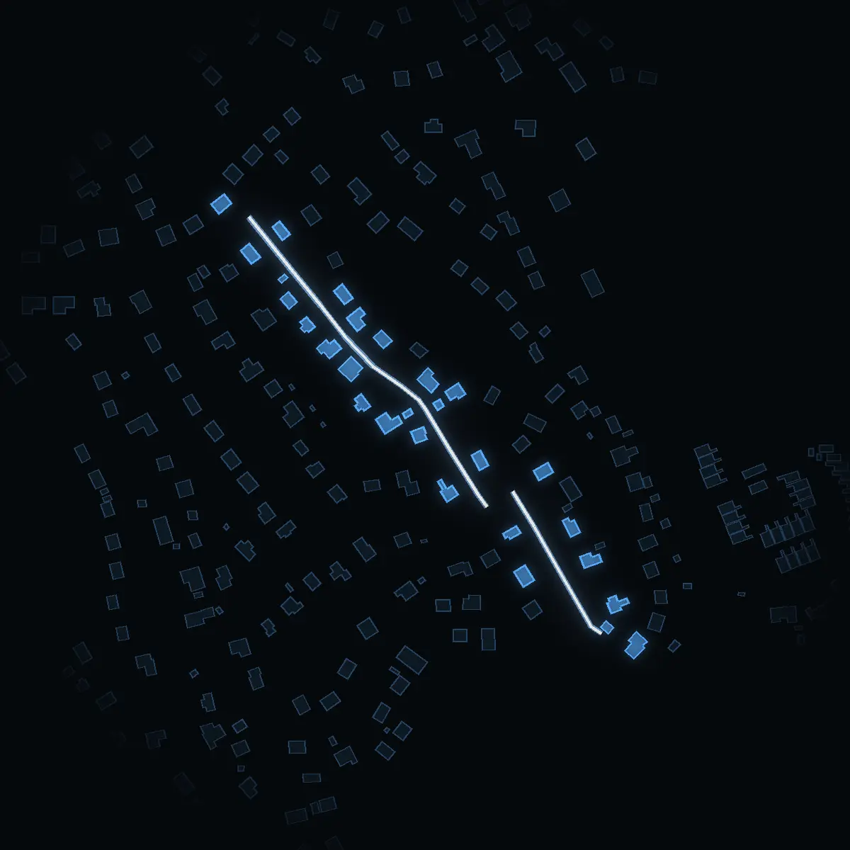 The street at night: Orrspelsvägen drawn in white, its buildings lit in the colour of their area’s income