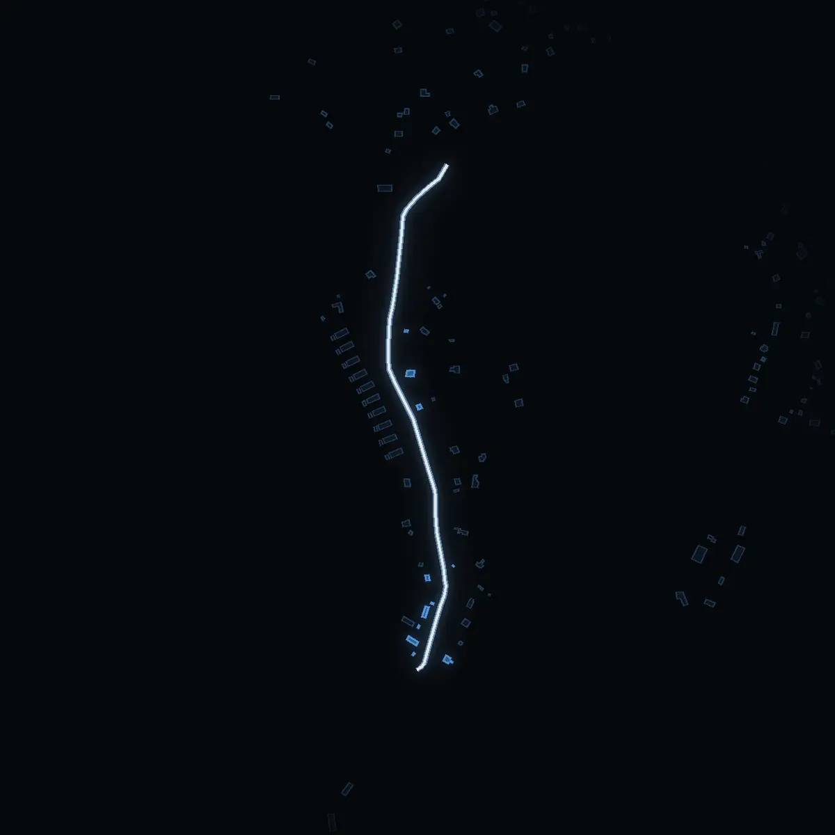The street at night: Österängsvägen drawn in white, its buildings lit in the colour of their area’s income