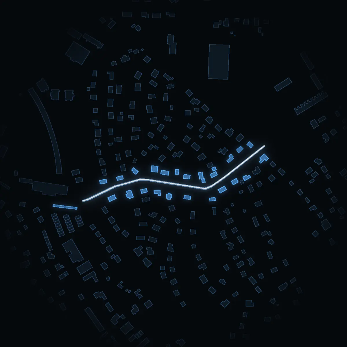 The street at night: Prästvägen drawn in white, its buildings lit in the colour of their area’s income