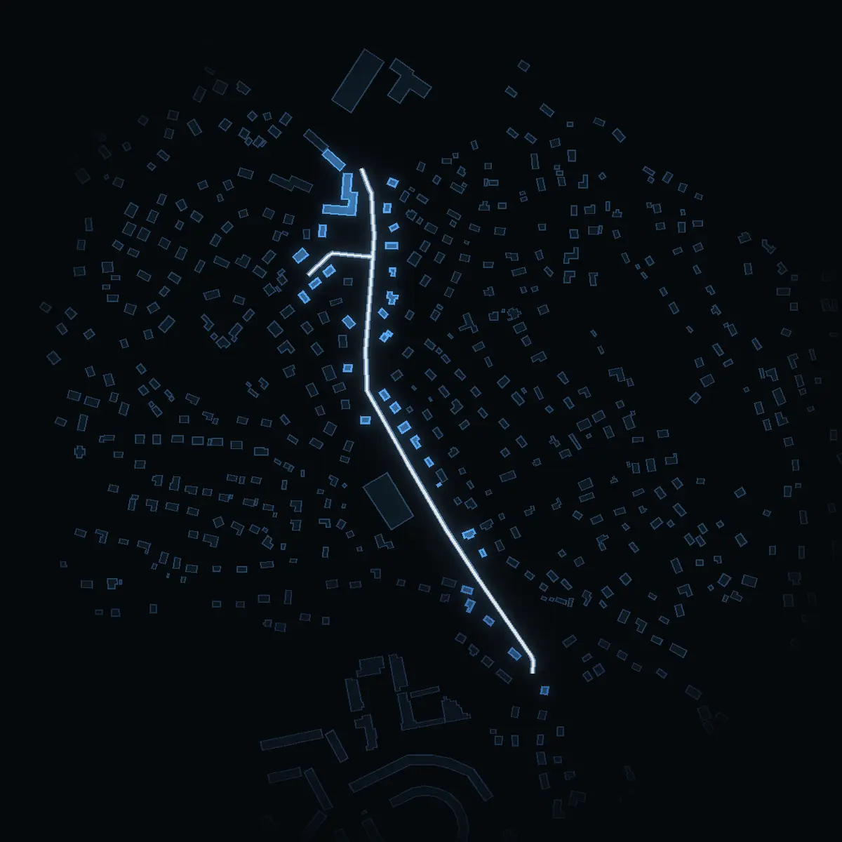 The street at night: Printz väg drawn in white, its buildings lit in the colour of their area’s income