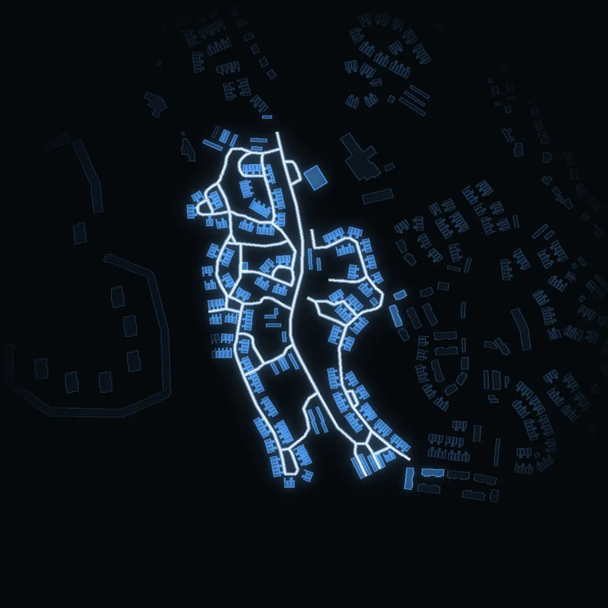 The street at night: Rapsodivägen drawn in white, its buildings lit in the colour of their area’s income