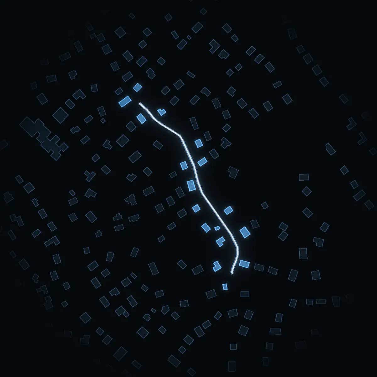 The street at night: Rönnvägen drawn in white, its buildings lit in the colour of their area’s income