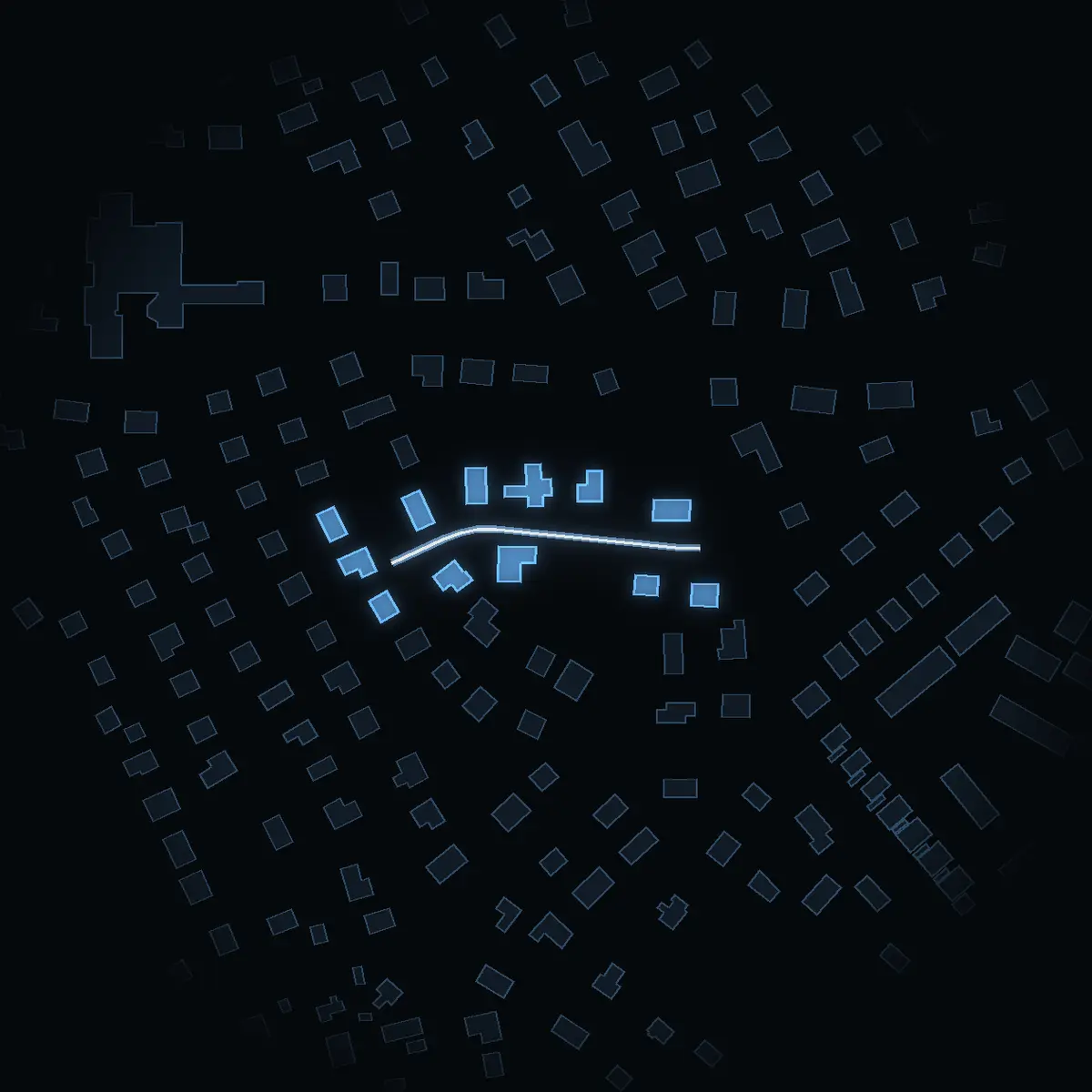 The street at night: Rosstigen drawn in white, its buildings lit in the colour of their area’s income