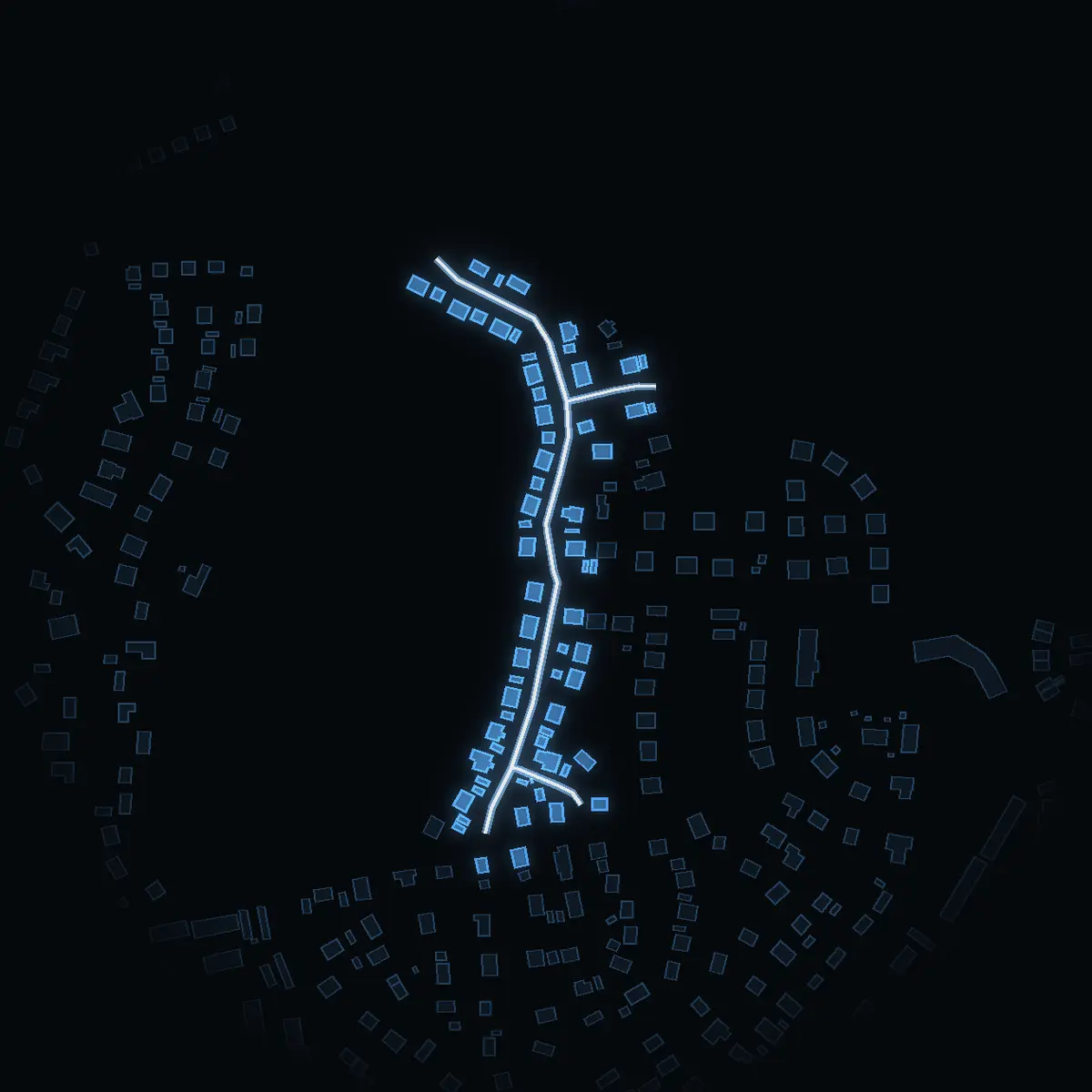 The street at night: Rostvingevägen drawn in white, its buildings lit in the colour of their area’s income