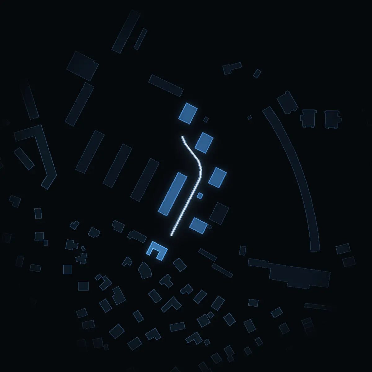 The street at night: Runvägen drawn in white, its buildings lit in the colour of their area’s income