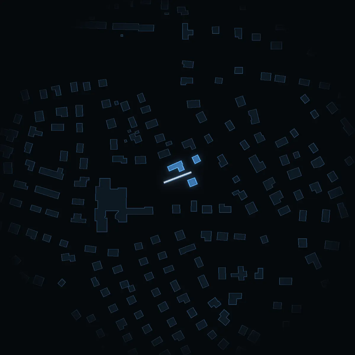 The street at night: Sejdelvägen drawn in white, its buildings lit in the colour of their area’s income