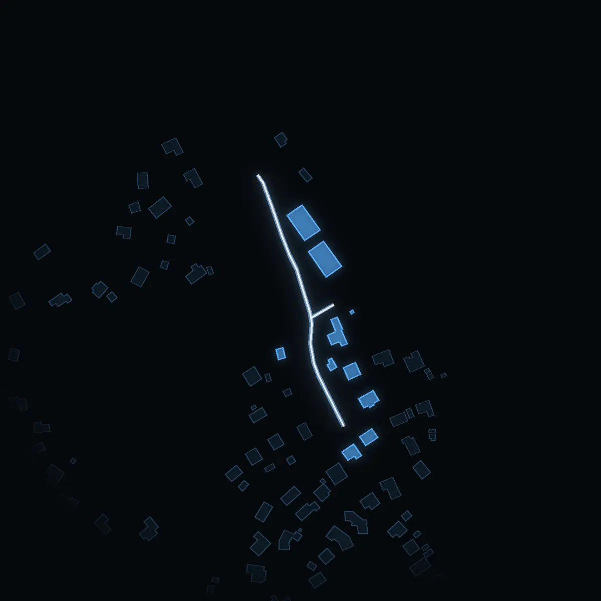 The street at night: Skattetorpsvägen drawn in white, its buildings lit in the colour of their area’s income