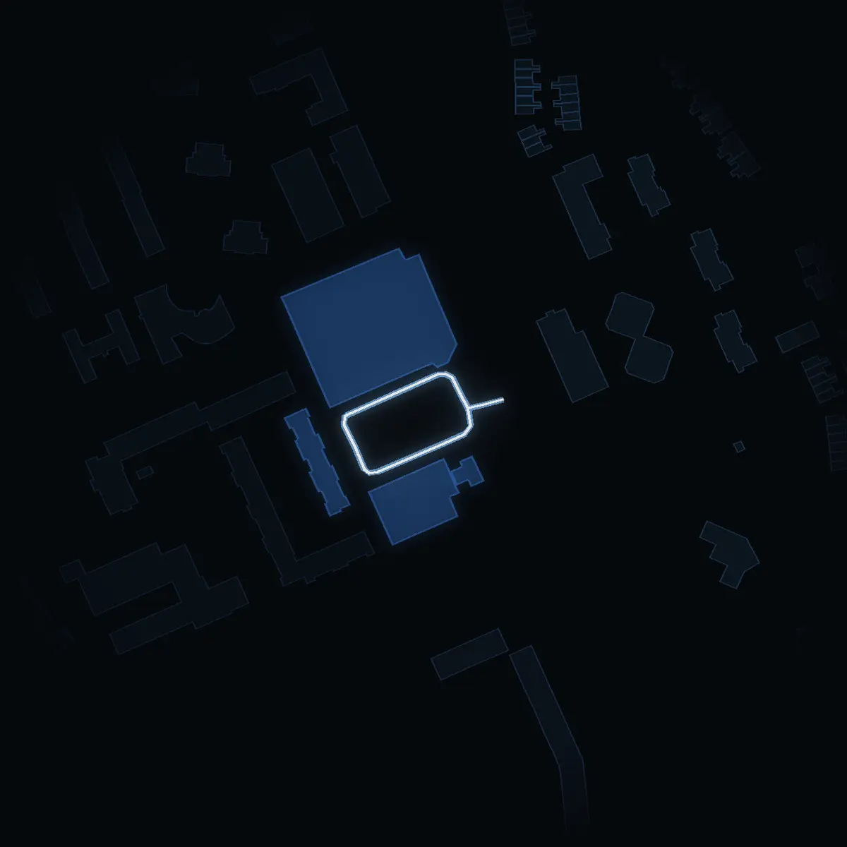 The street at night: Skogåsplan drawn in white, its buildings lit in the colour of their area’s income