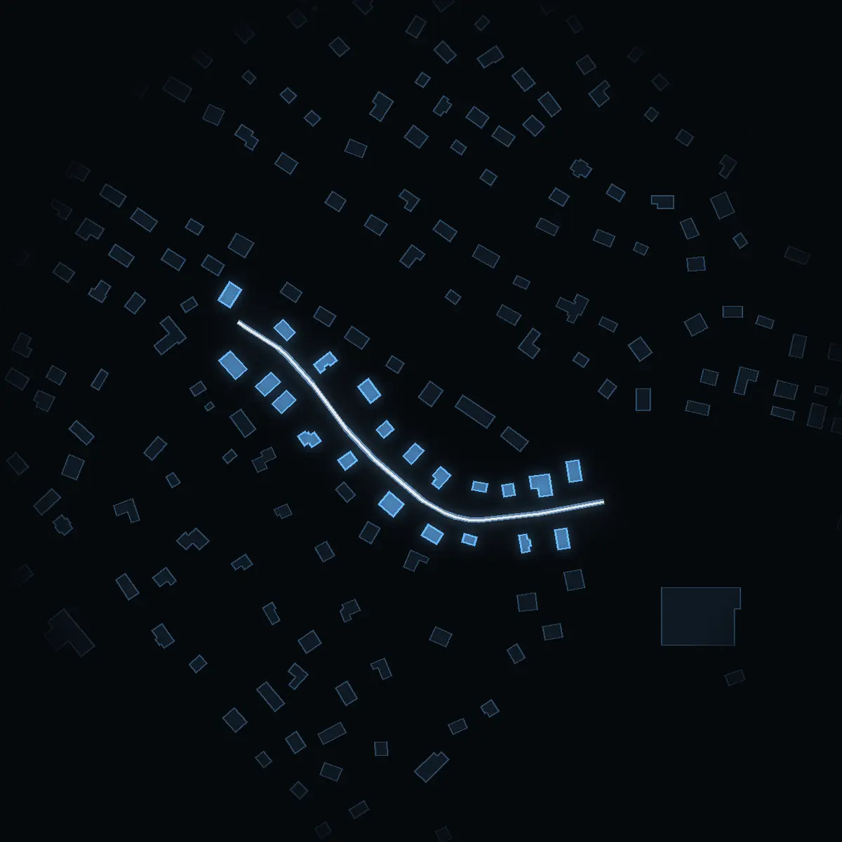 The street at night: Skogsbrynsvägen drawn in white, its buildings lit in the colour of their area’s income
