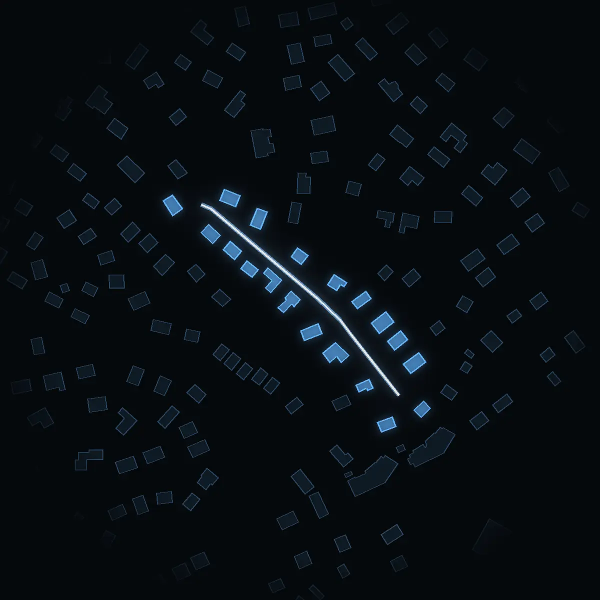 The street at night: Skogshemsvägen drawn in white, its buildings lit in the colour of their area’s income