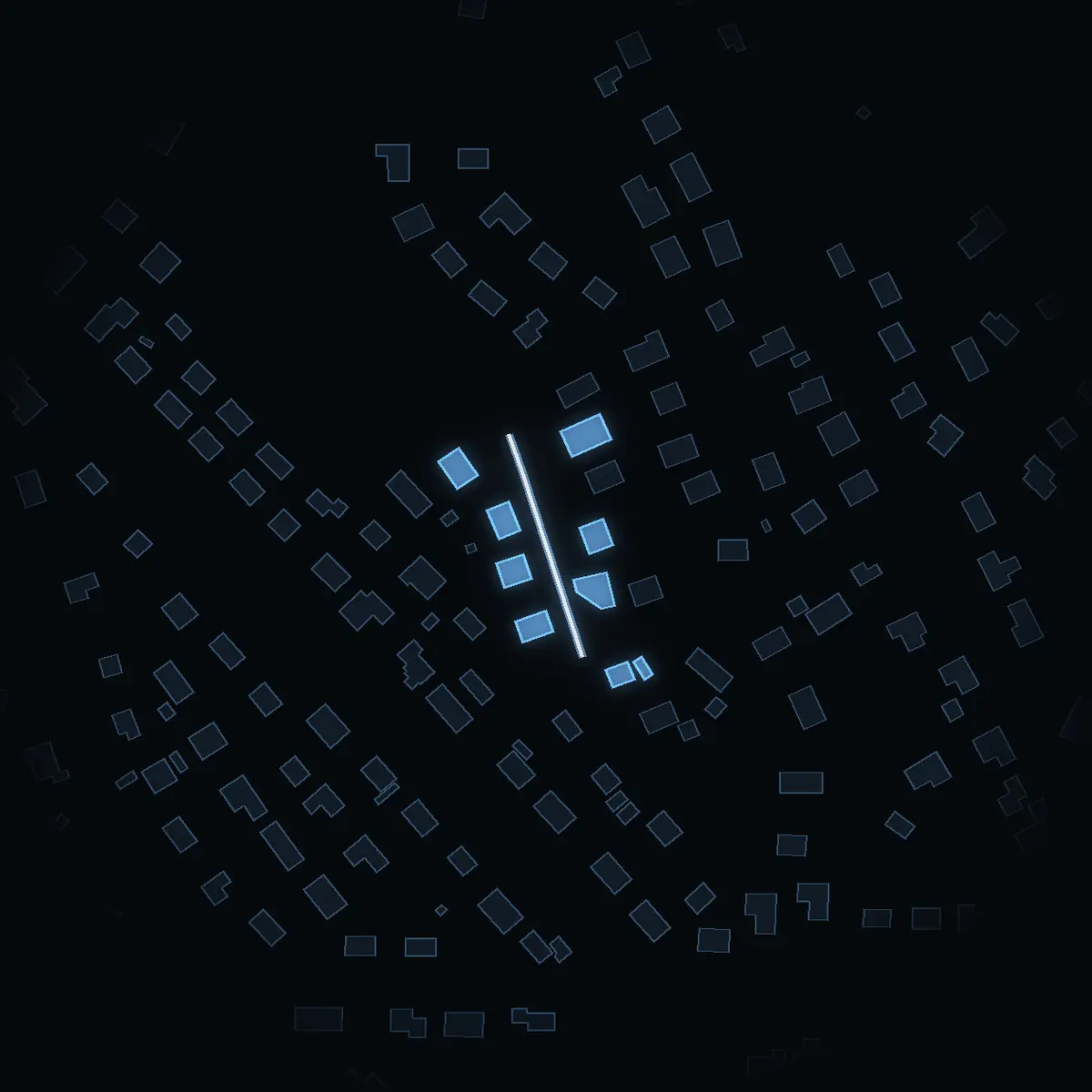 The street at night: Skogsstigen drawn in white, its buildings lit in the colour of their area’s income