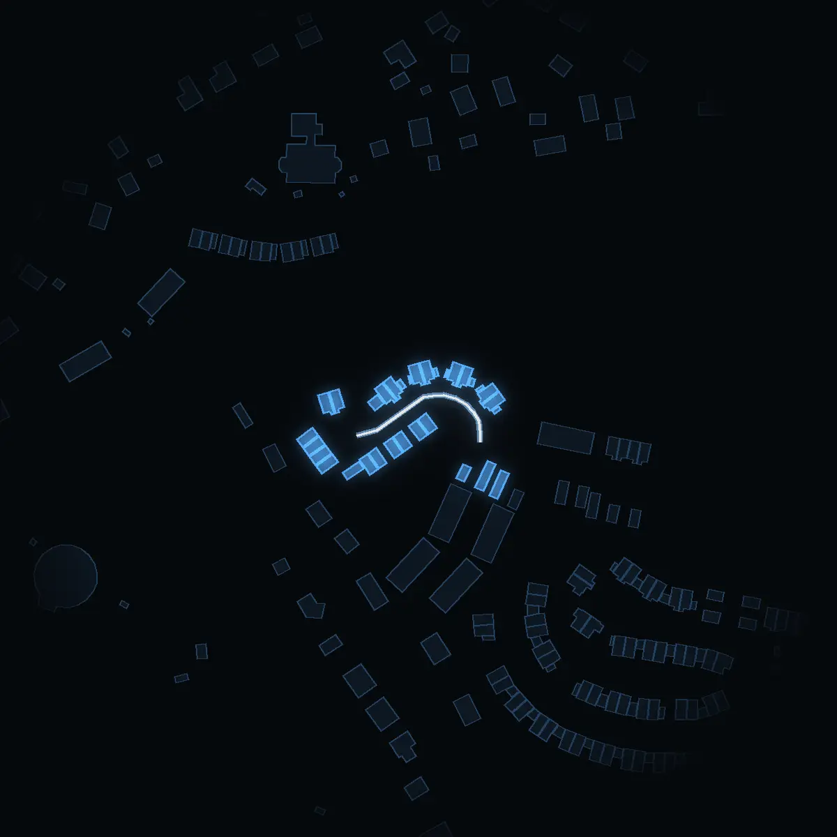 The street at night: Sköldmövägen drawn in white, its buildings lit in the colour of their area’s income