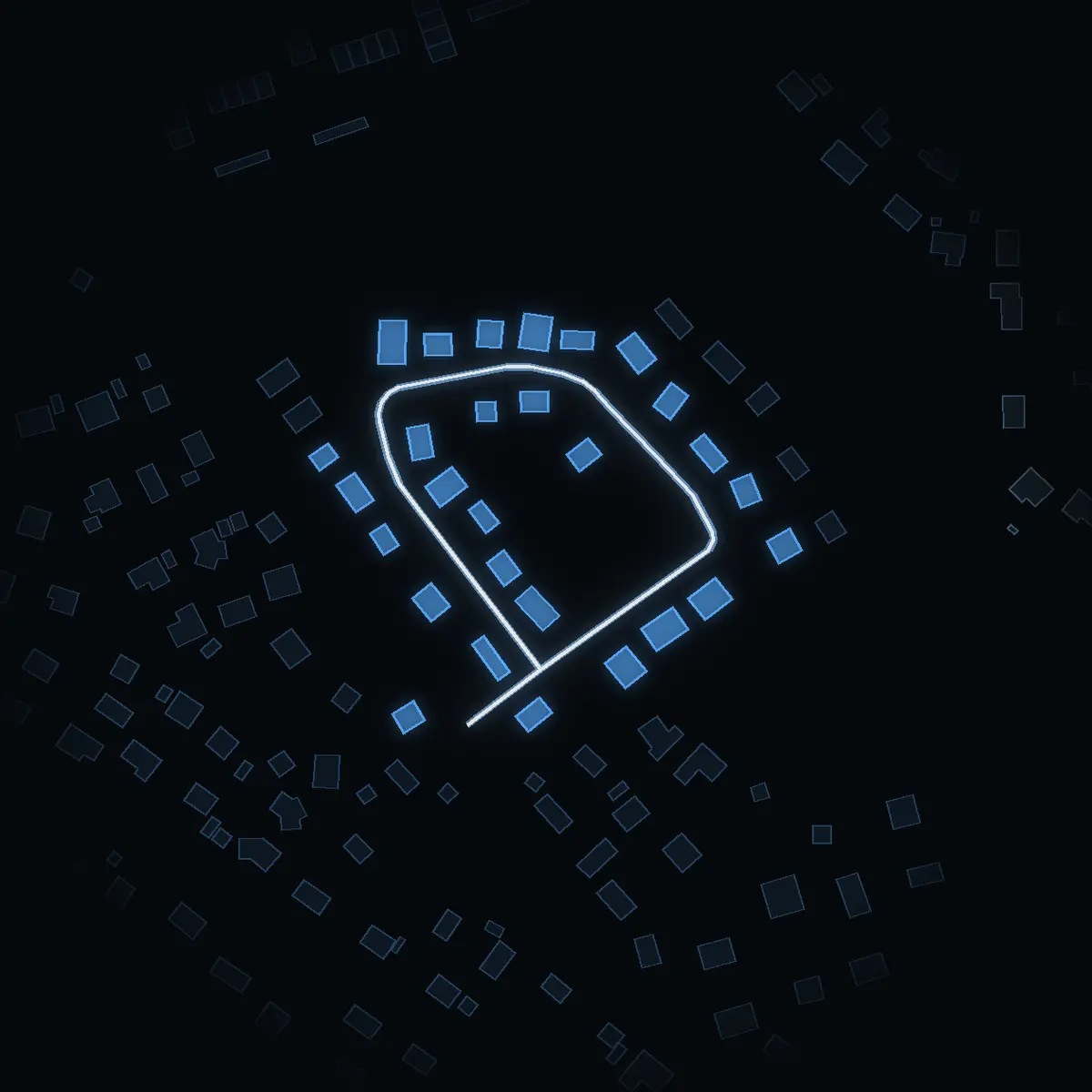 The street at night: Skrakvägen drawn in white, its buildings lit in the colour of their area’s income