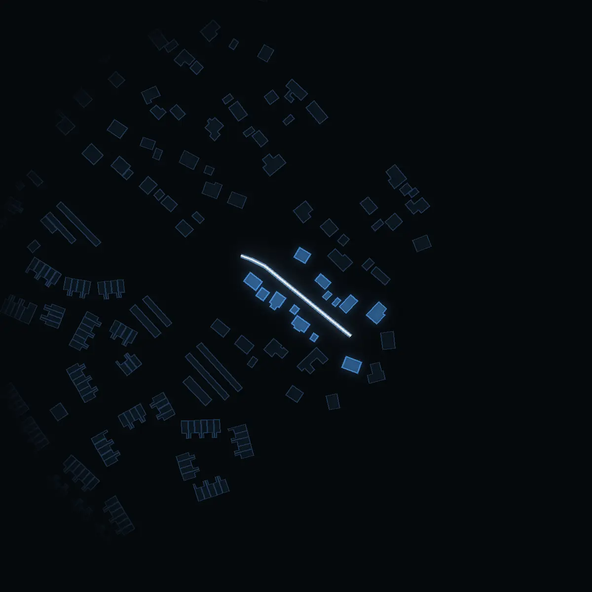 The street at night: Skymningsvägen drawn in white, its buildings lit in the colour of their area’s income